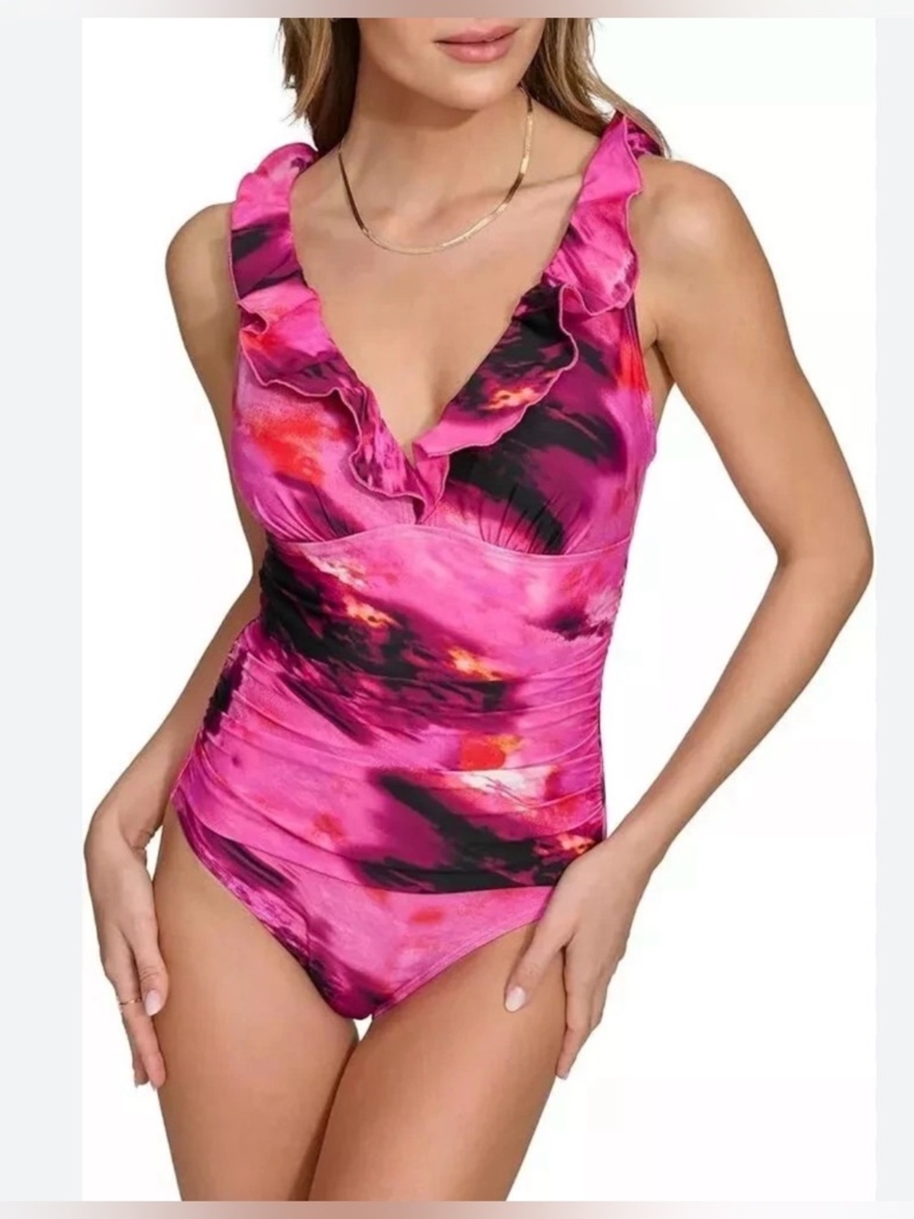 DKNY pink abstract swimsuit ruffle neck tummy control one piece summer L EUC